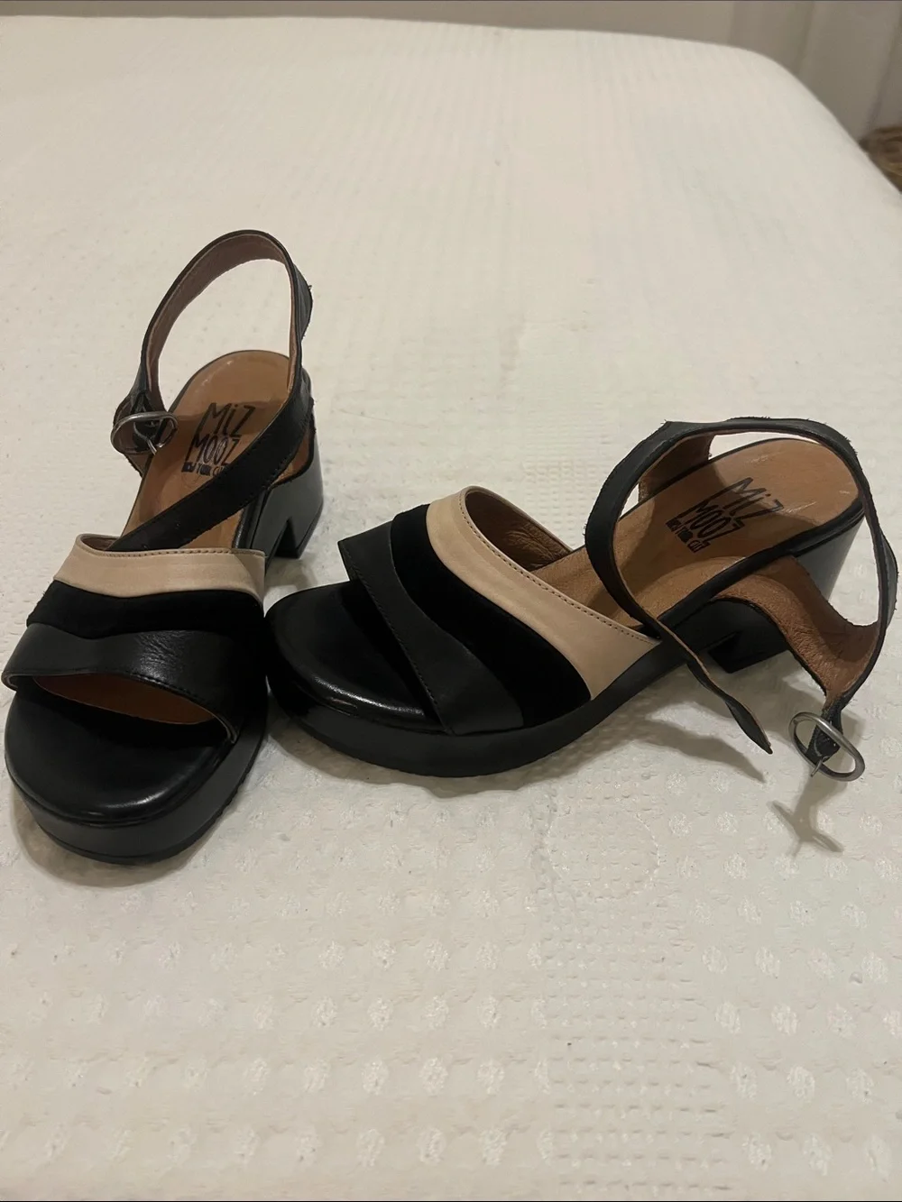 Miz Mooz Black and Cream Leather Wedge Slingbacks